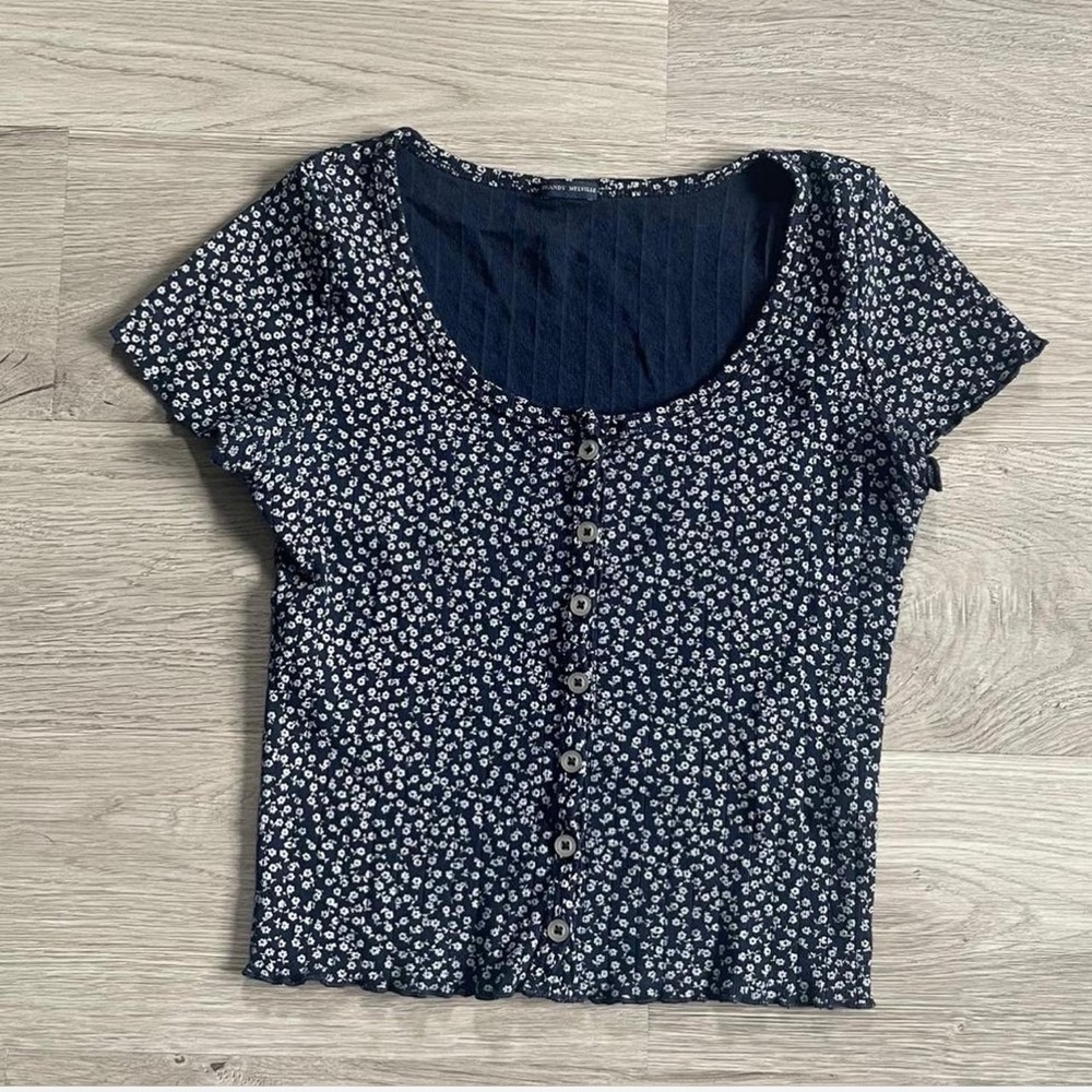 Brandy Melville Blue and White Crop Blouse Short Sleeve